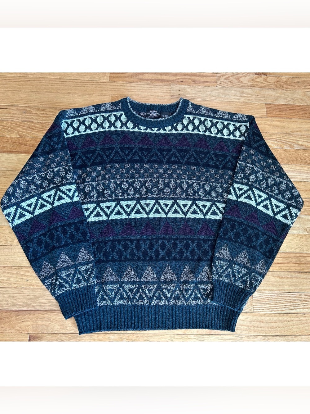 Vintage Expressions Geometric Knit Sweater Mens Large Blue Gray Grandpa 90s
